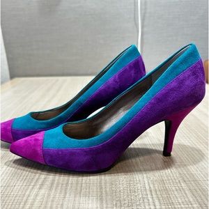 NWOT Leather Purple, Pink, Turquoise ColorBlock 3’ Moda Spana heel size 7